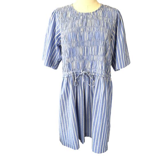 Apiece Apart Adorna Smocked Striped Cotton Mini Dress Blue White Size Medium - Picture 3 of 9